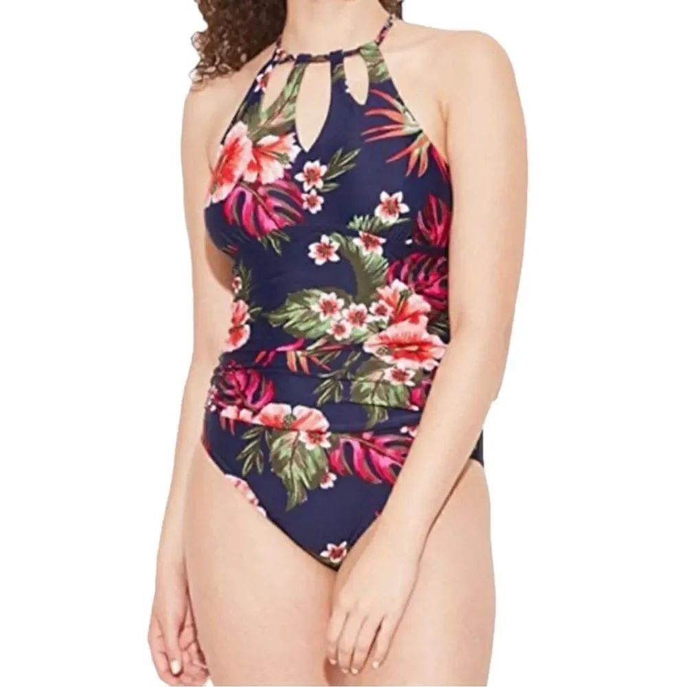 NWT Kona Sol Keyhole Braided Strap One Piece Navy Blue Tropical Swimsuit sz 22W